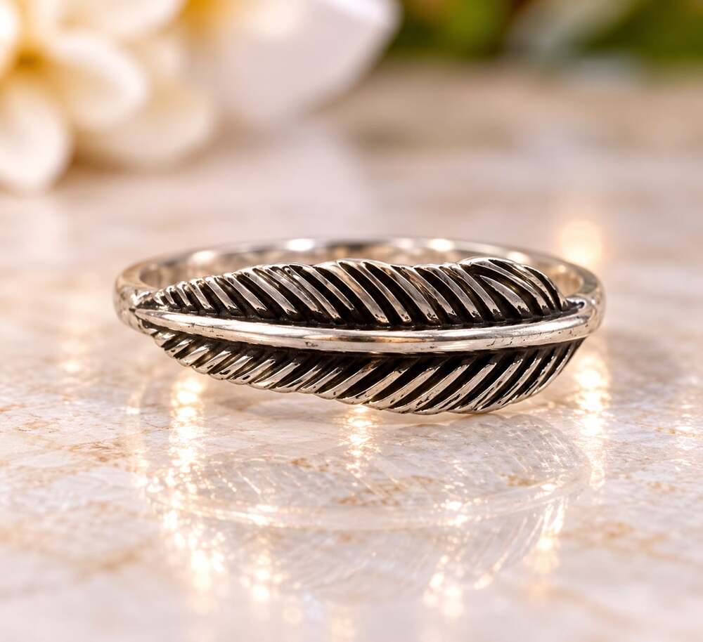 Silver Feather Ring Oxidized Polished Size 7